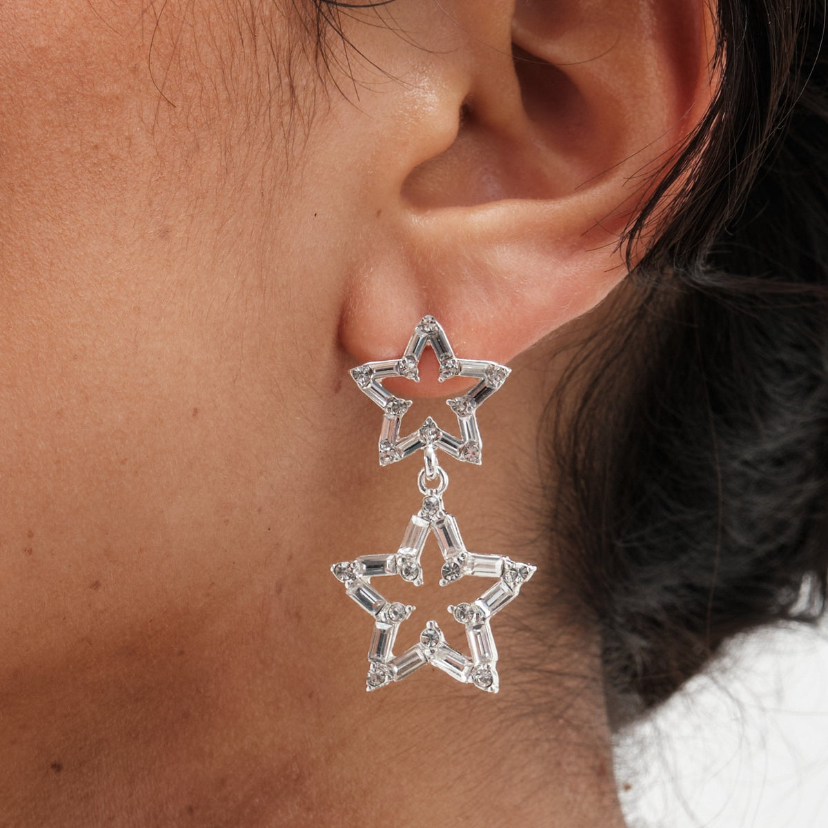 Mood Silver Crystal Baguette Double Star Drop Earrings