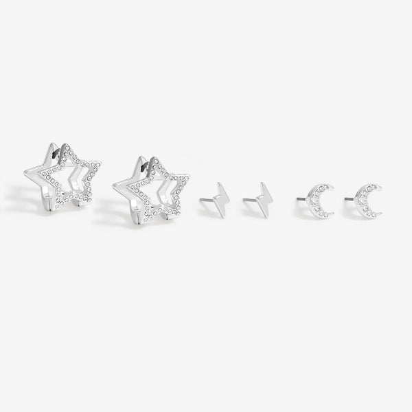 Mood Silver Crystal Celestial Stud And Hoop Earrings - Pack Of 3