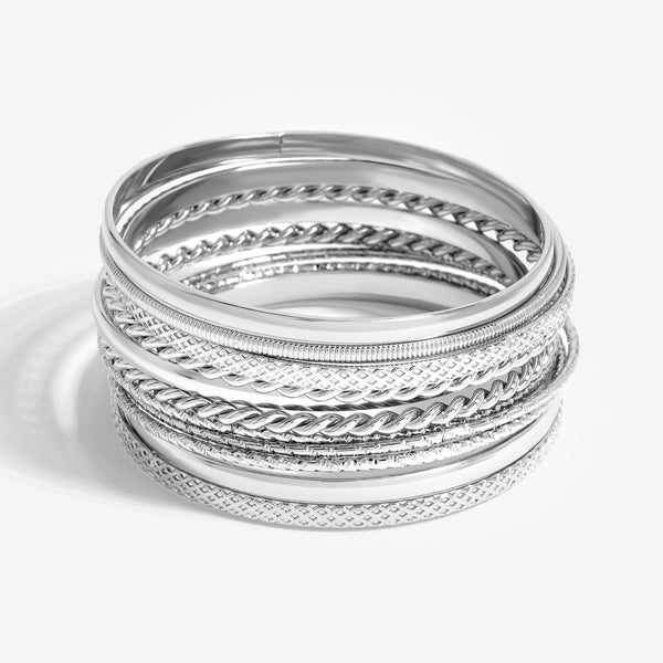 Mood Silver Textured Stacker Bangles - Pack Of 6