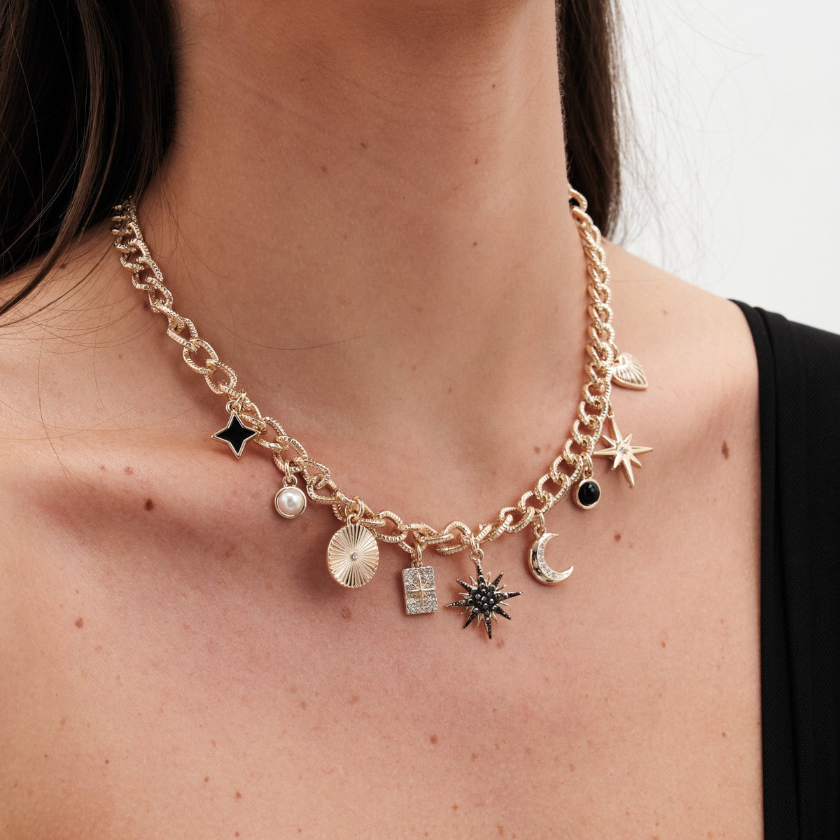 Mood Gold Black Crystal Celestial Charm Chain Necklace