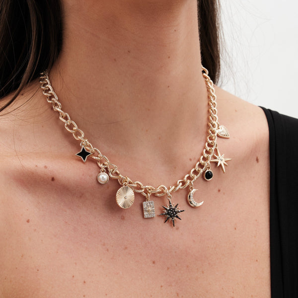 Mood Gold Black Crystal Celestial Charm Chain Necklace