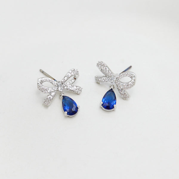 Jon Richard Rhodium Plated Cubic Zirconia Bow And Blue Peardrop Earrings