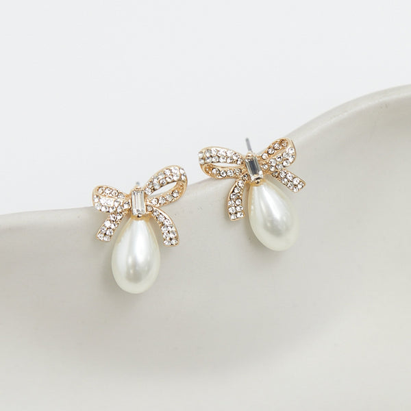 Jon Richard Gold Plated Pave Bow And Pear Drop Pearl Earrings