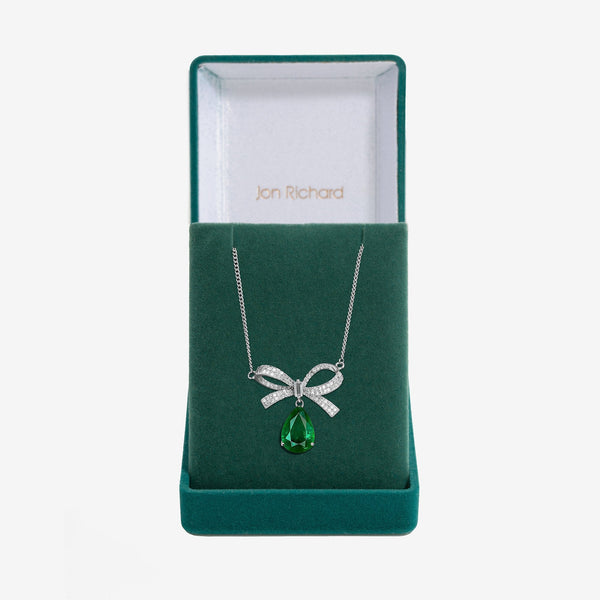 Jon Richard Rhodium Plated And Emerald Bow Pendant - Gift Boxed