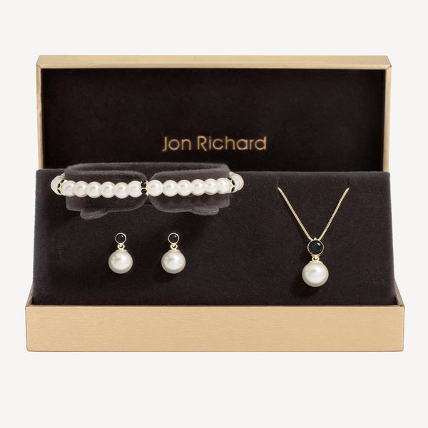 Jon Richard Gold Plated Jet And Pearl Trio Set - Gift Box