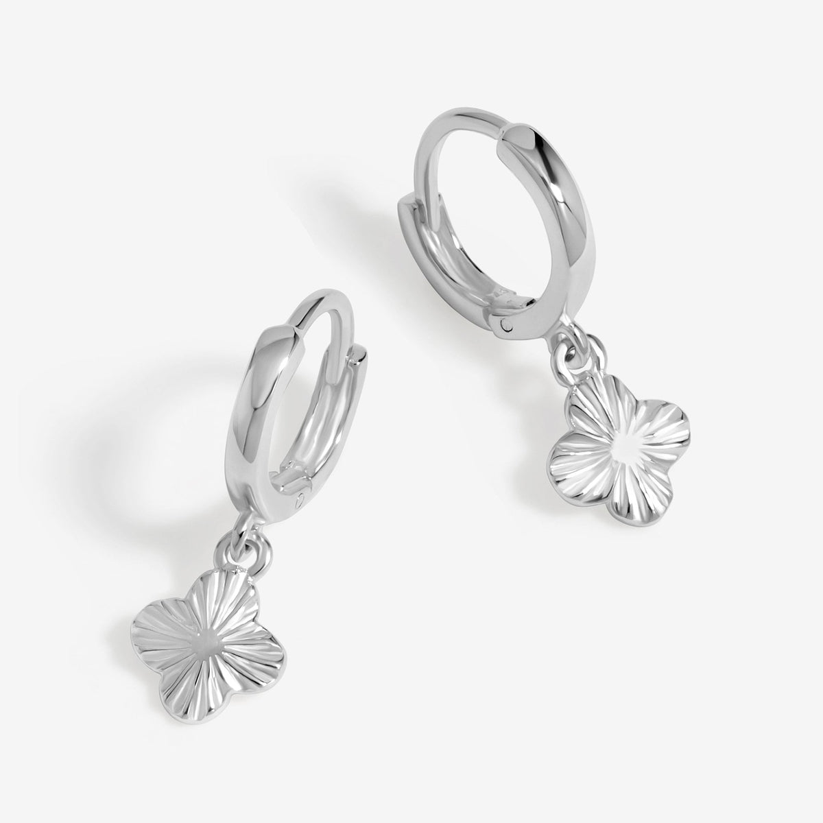Simply Silver Sterling Silver 925 Polished Diamond Cut Clover Charm Hoop Earrings