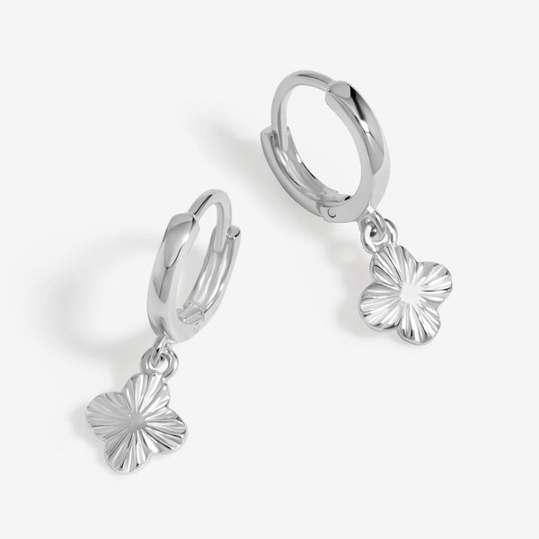 Simply Silver Sterling Silver 925 Polished Diamond Cut Clover Charm Hoop Earrings