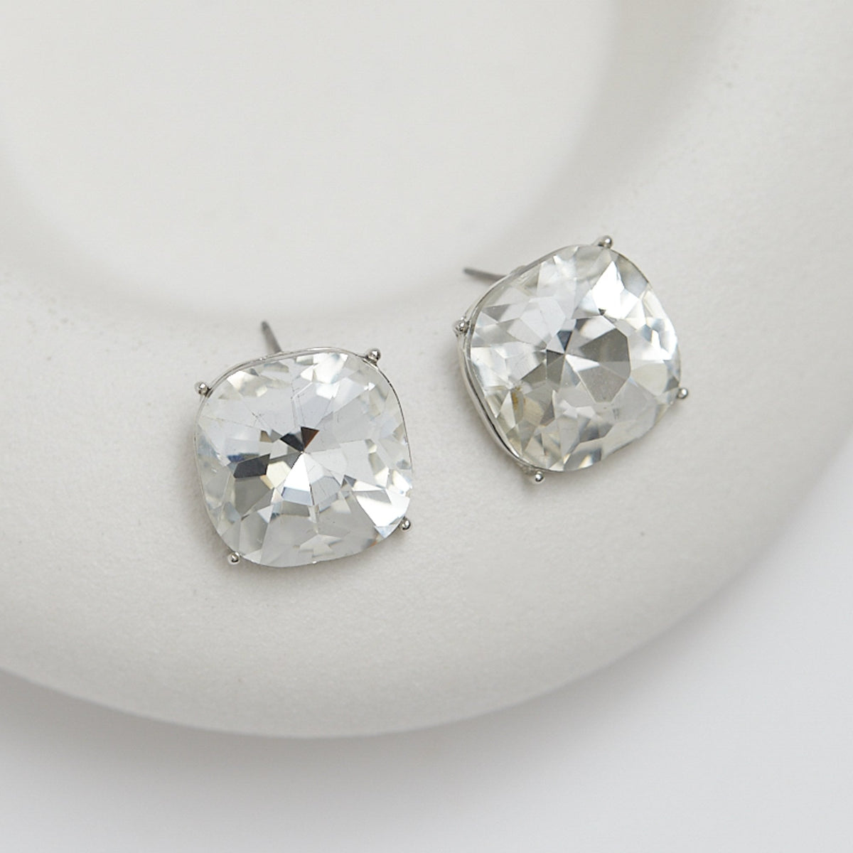 Mood Silver Crystal Faceted Cushion Stud Earrings