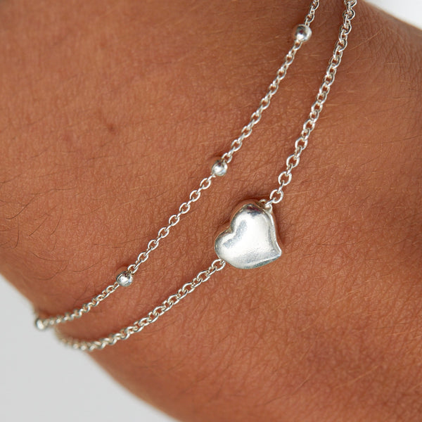 Simply Silver Sterling Silver 925 Polished Double Row Station Heart Bracelet