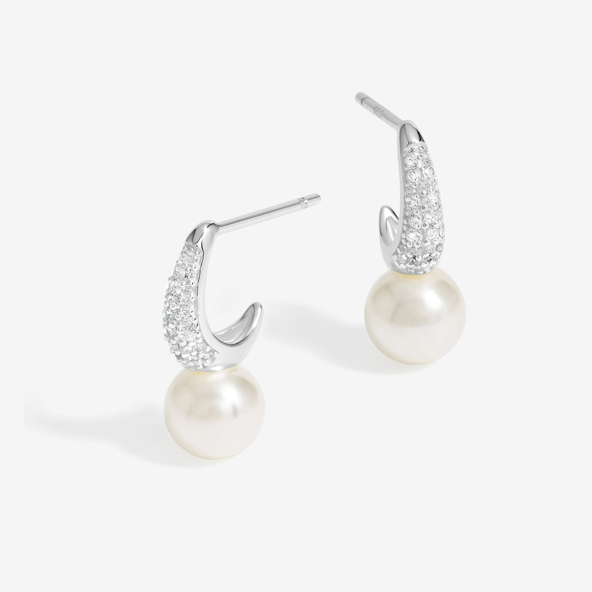 Simply Silver Sterling Silver 925 Cubic Zirconia Pave and Pearl Hoop Earrings