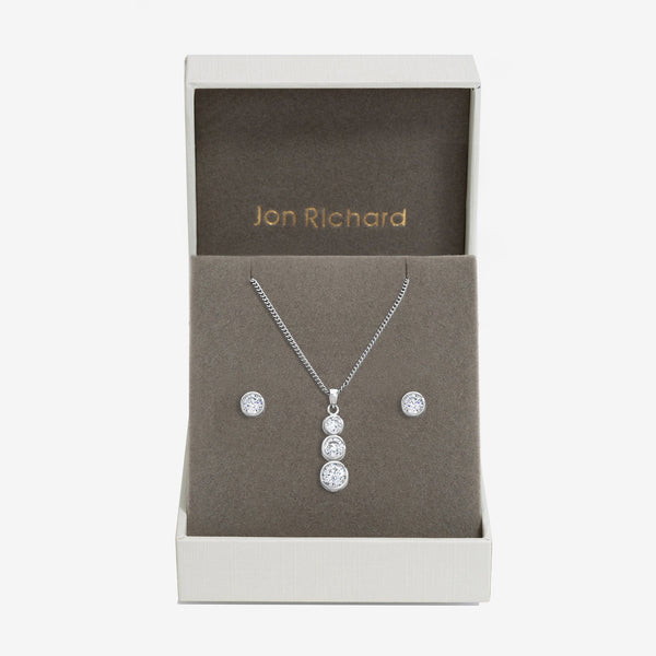 Jon Richard Rhodium Plated Cubic Zirconia Bezel Stick Pendant And Earrings - Gift Box