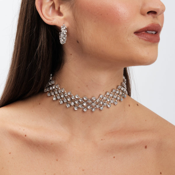 Mood Rhodium Crystal Round Cage Choker Necklace