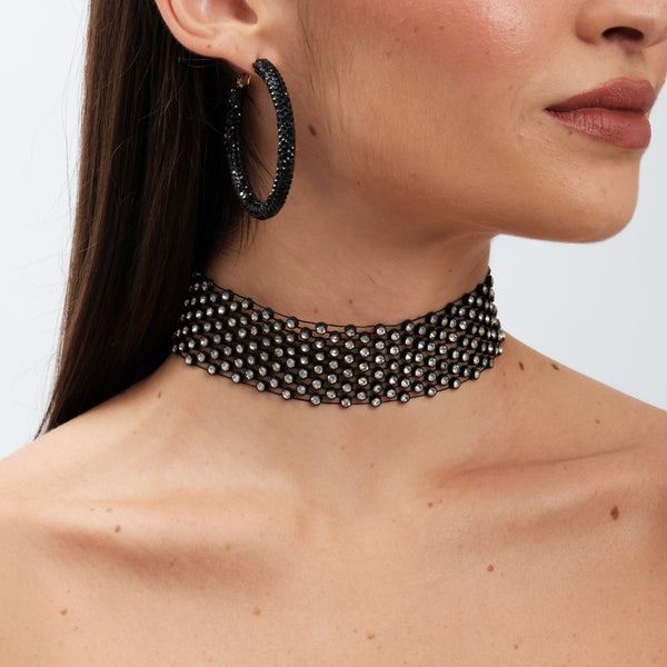 Mood Black Crystal Woven Choker Necklace