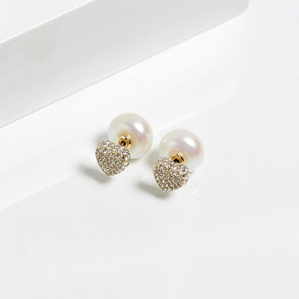 Mood Gold Cream Pearl And Crystal Heart Stud Earrings