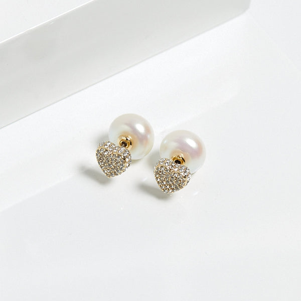 Mood Gold Cream Pearl And Crystal Heart Stud Earrings