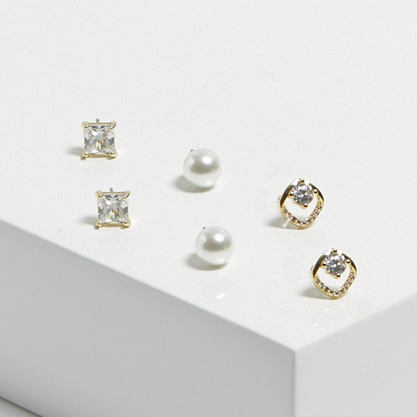 Mood Gold Pearl & Crystal Core Stud Earrings - Pack Of 3