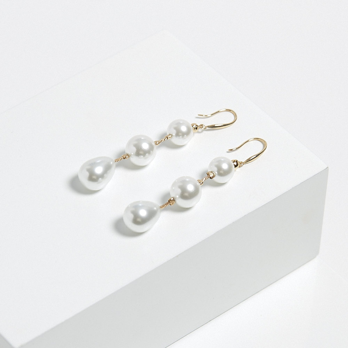 Mood Gold Pearl Linear Three Drop Earrings