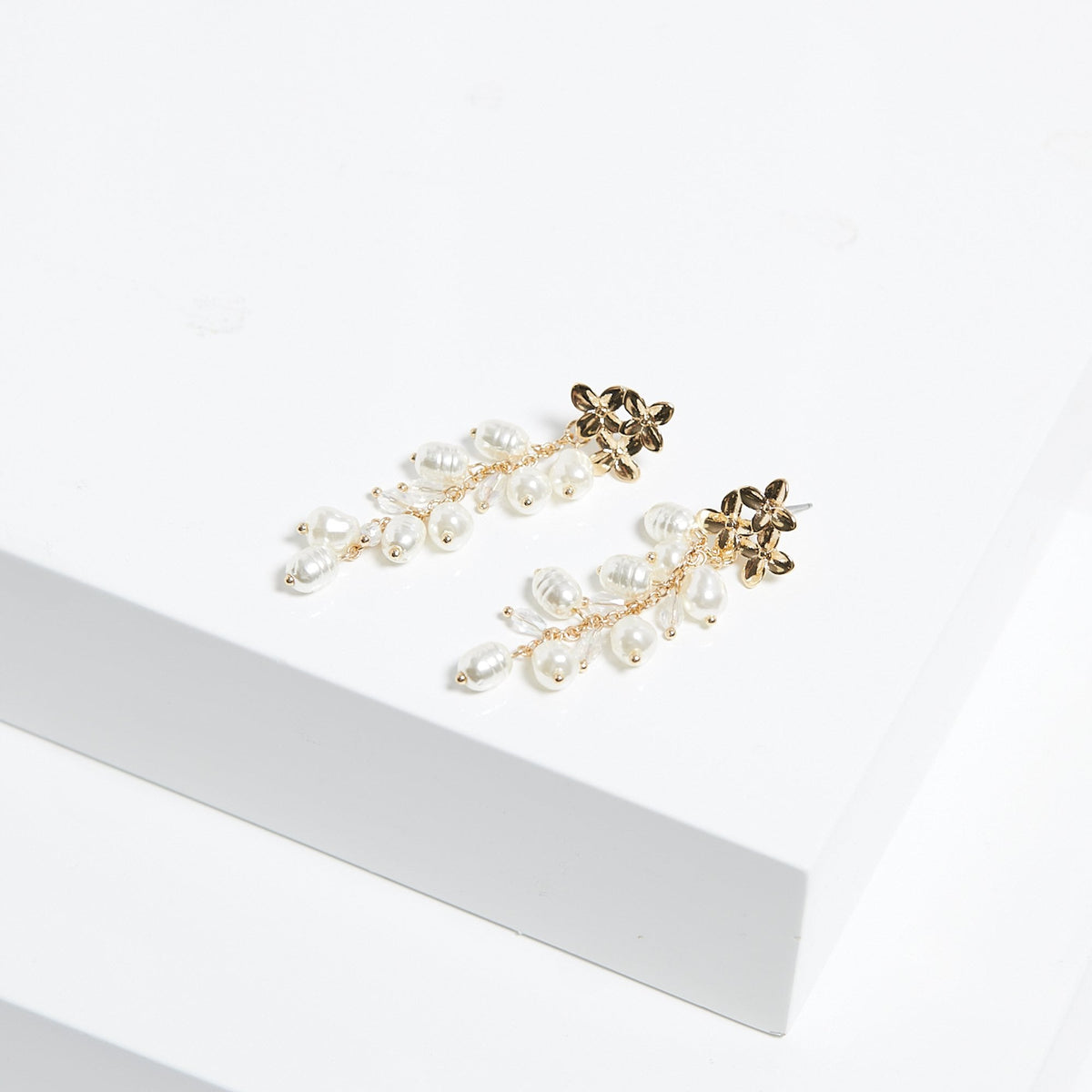Mood Gold Triple Flower Pearl Cluster Drop Earrings