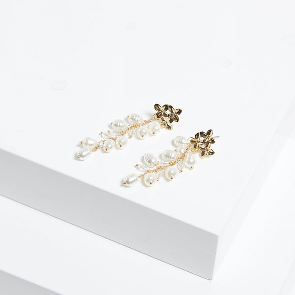 Mood Gold Triple Flower Pearl Cluster Drop Earrings