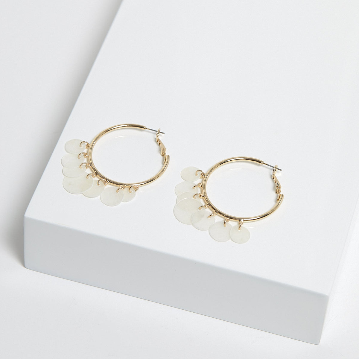 Mood Gold White Shell Charm Hoop Earrings