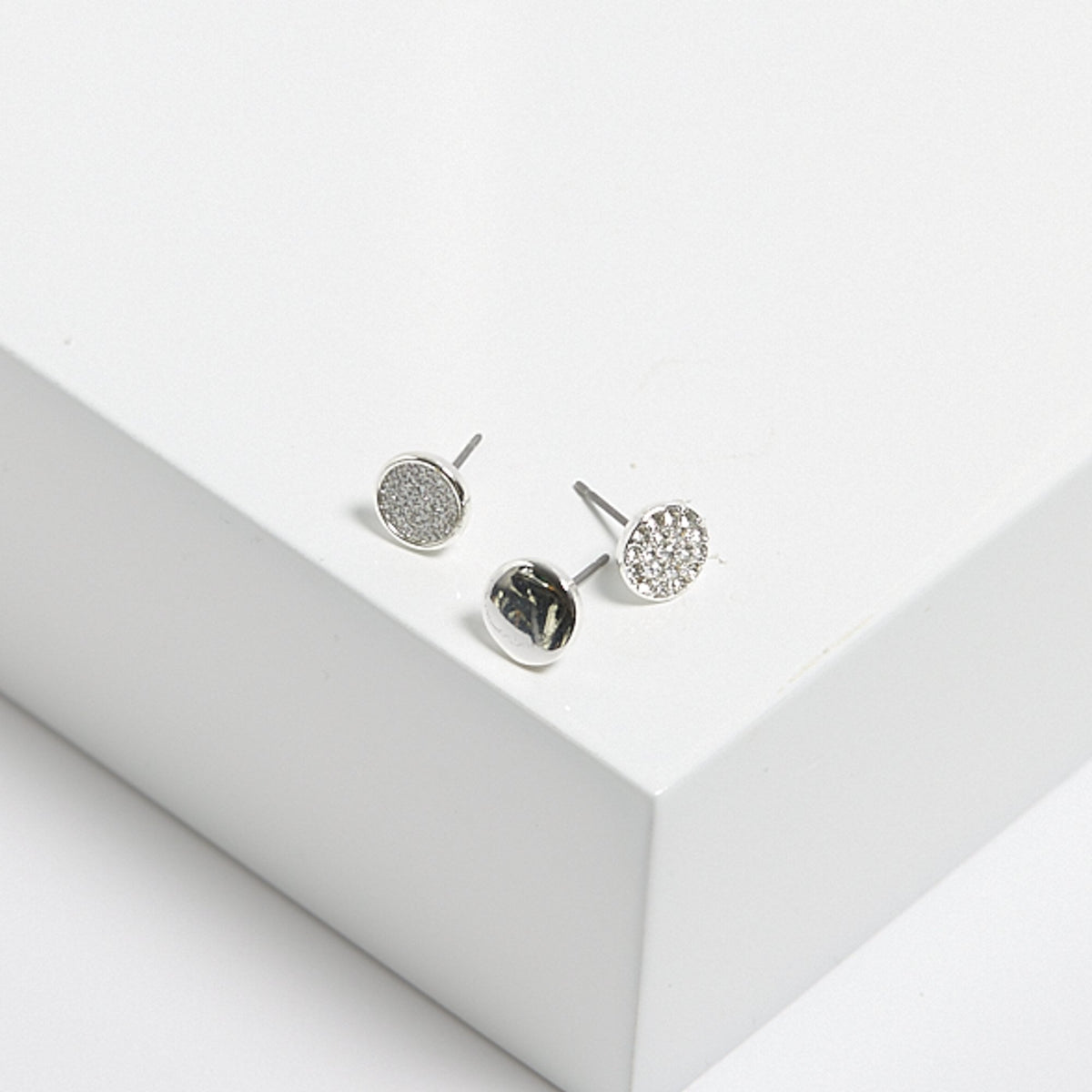 Mood Silver Crystal And Polished Round Stud Earrings - Pack Of 3