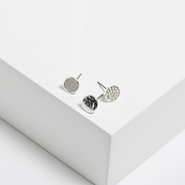 Mood Silver Crystal And Polished Round Stud Earrings - Pack Of 3