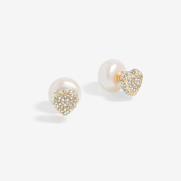 Mood Gold Cream Pearl And Crystal Heart Stud Earrings
