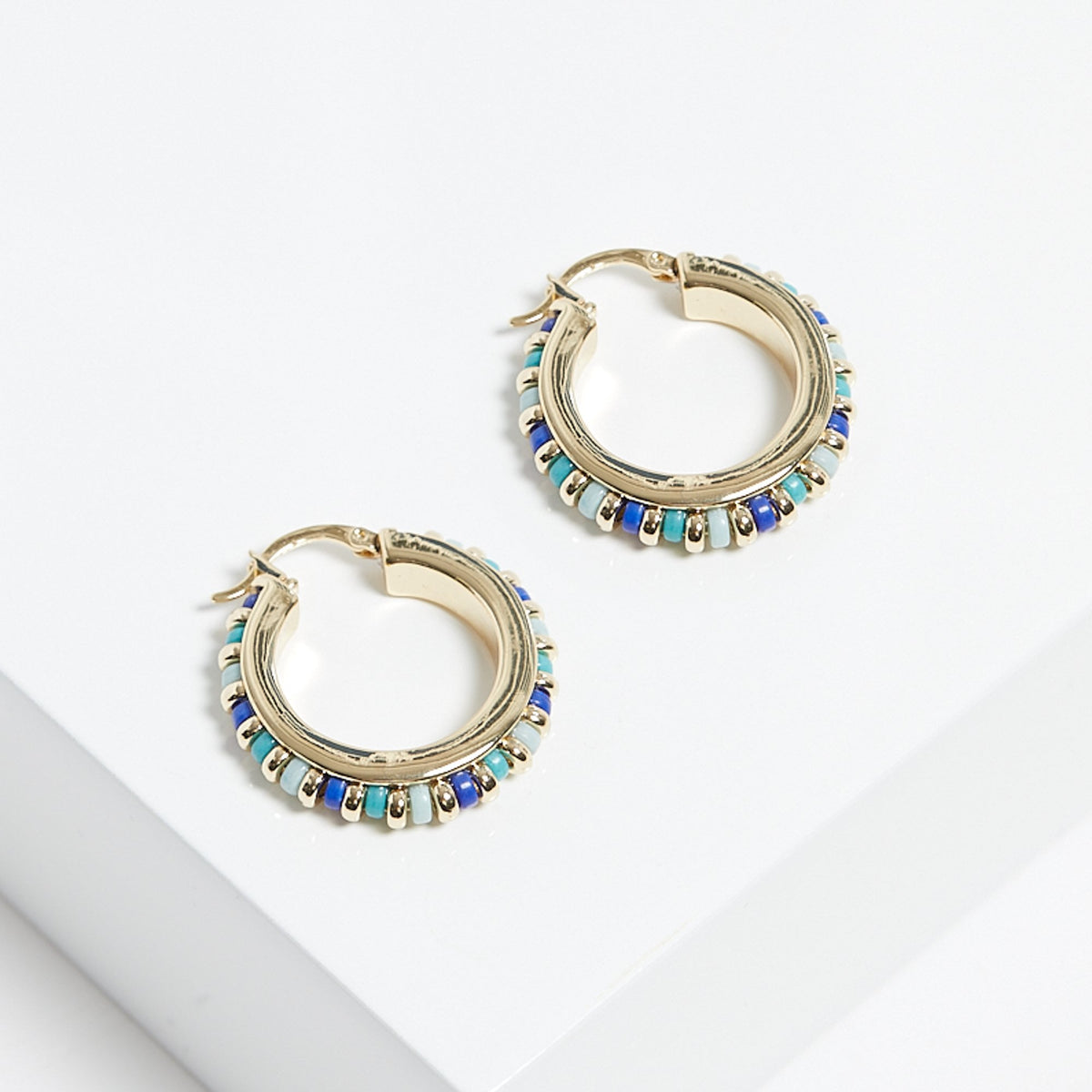 Mood Gold Blue Bead Hoop Earrings