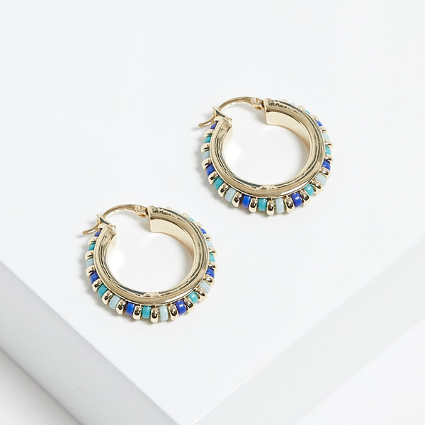Mood Gold Blue Bead Hoop Earrings