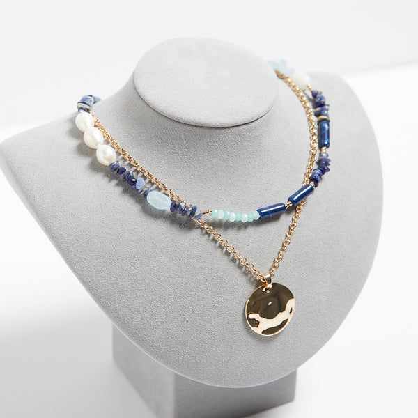 Mood Gold Blue Bead And Molten Disc Layered Necklace - Pack Of 2