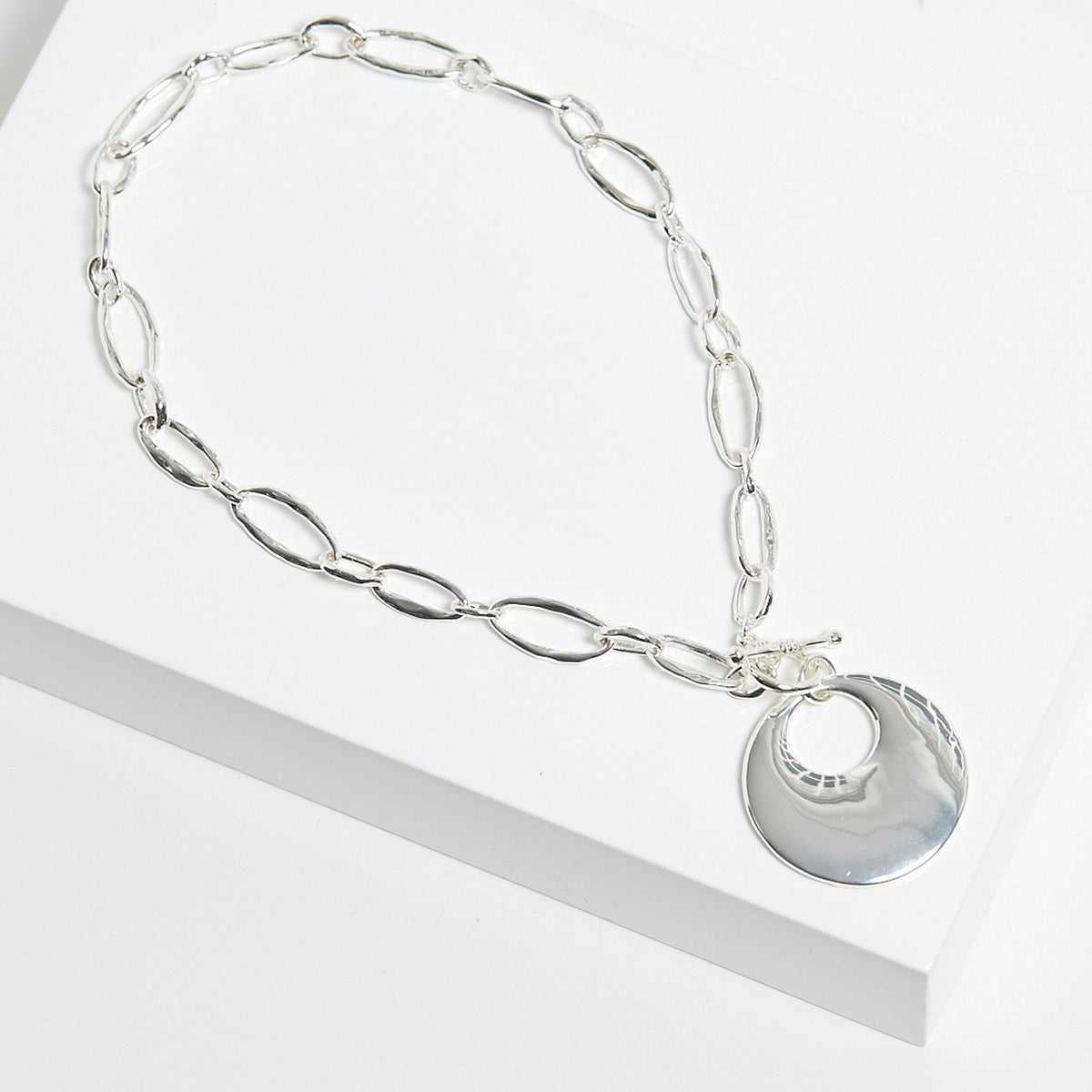 Mood Silver Polished Round T-Bar Short Pendant Necklace