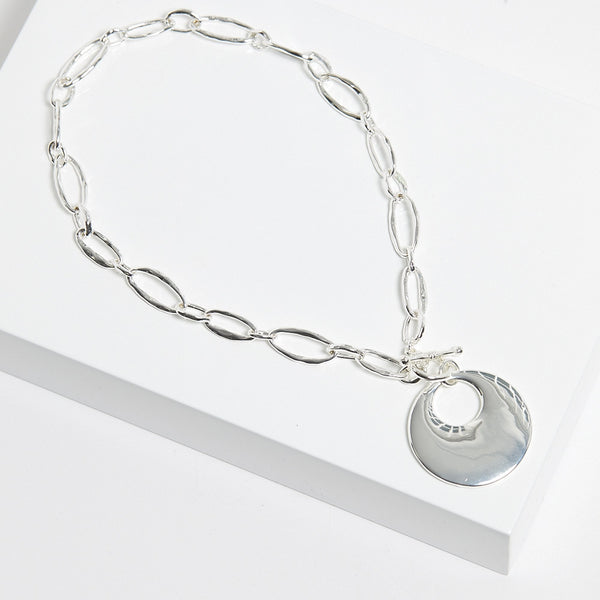 Mood Silver Polished Round T-Bar Short Pendant Necklace