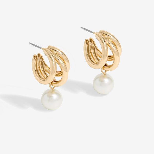 Inicio Gold Plated Tripple Row And Pearl Hoop Earrings - Gift Pouch