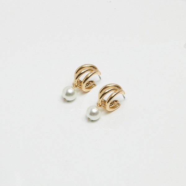 Inicio Gold Plated Tripple Row And Pearl Hoop Earrings - Gift Pouch