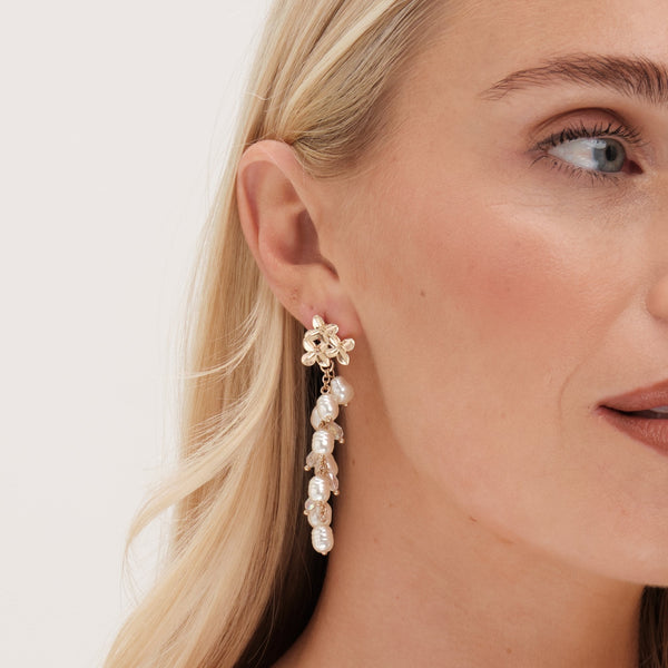 Mood Gold Triple Flower Pearl Cluster Drop Earrings