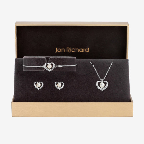 Jon Richard Silver Plated Pearl And Crystal Heart Trio Set - Gift Boxed
