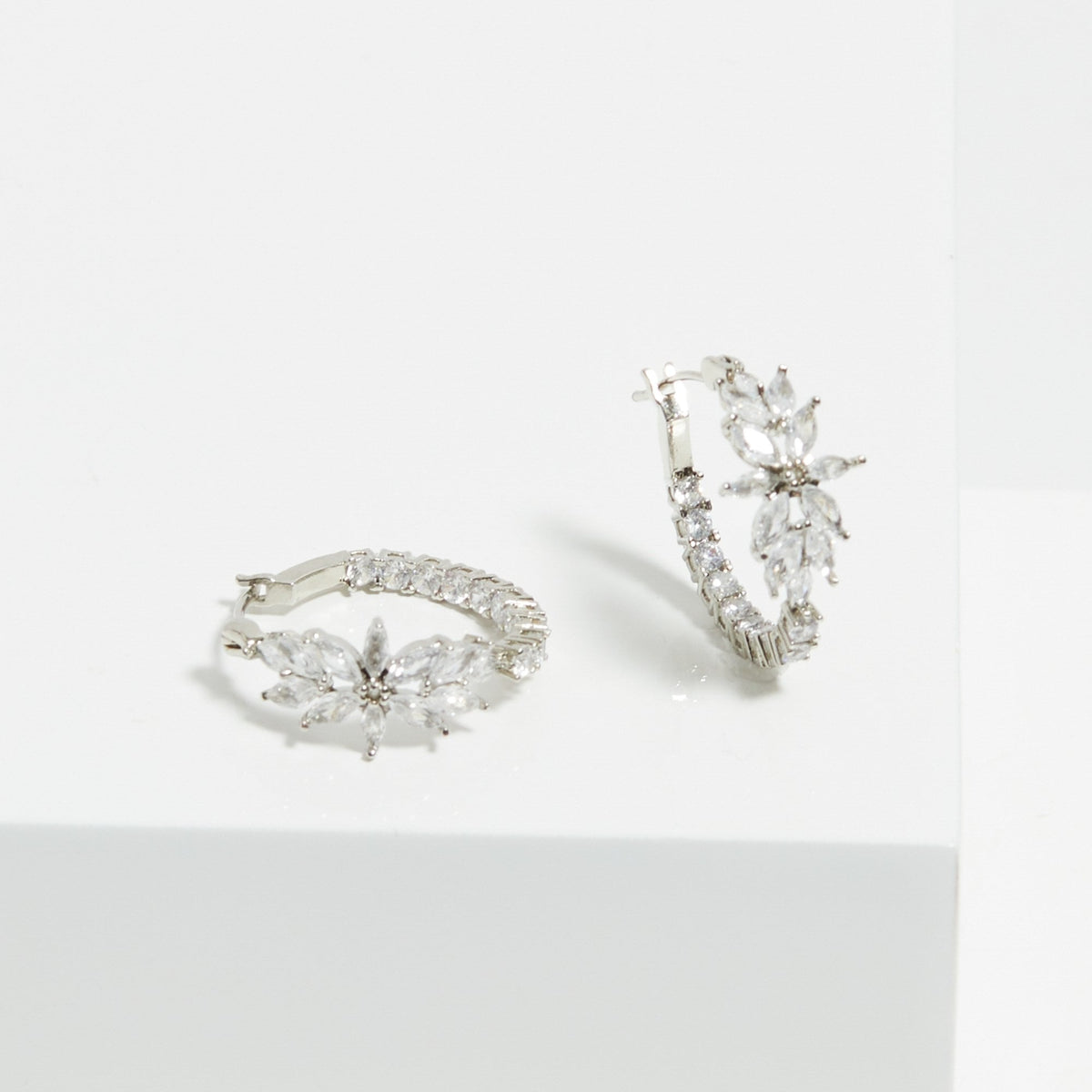 Jon Richard Rhodium Plated Cubic Zirconia Floral Hoop Earrings