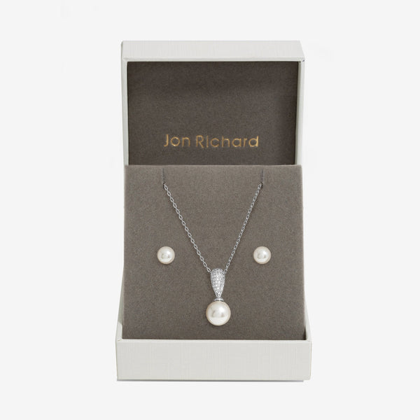 Jon Richard Rhodium Plated Cubic Zirconia And Pearl Set - Gift Boxed