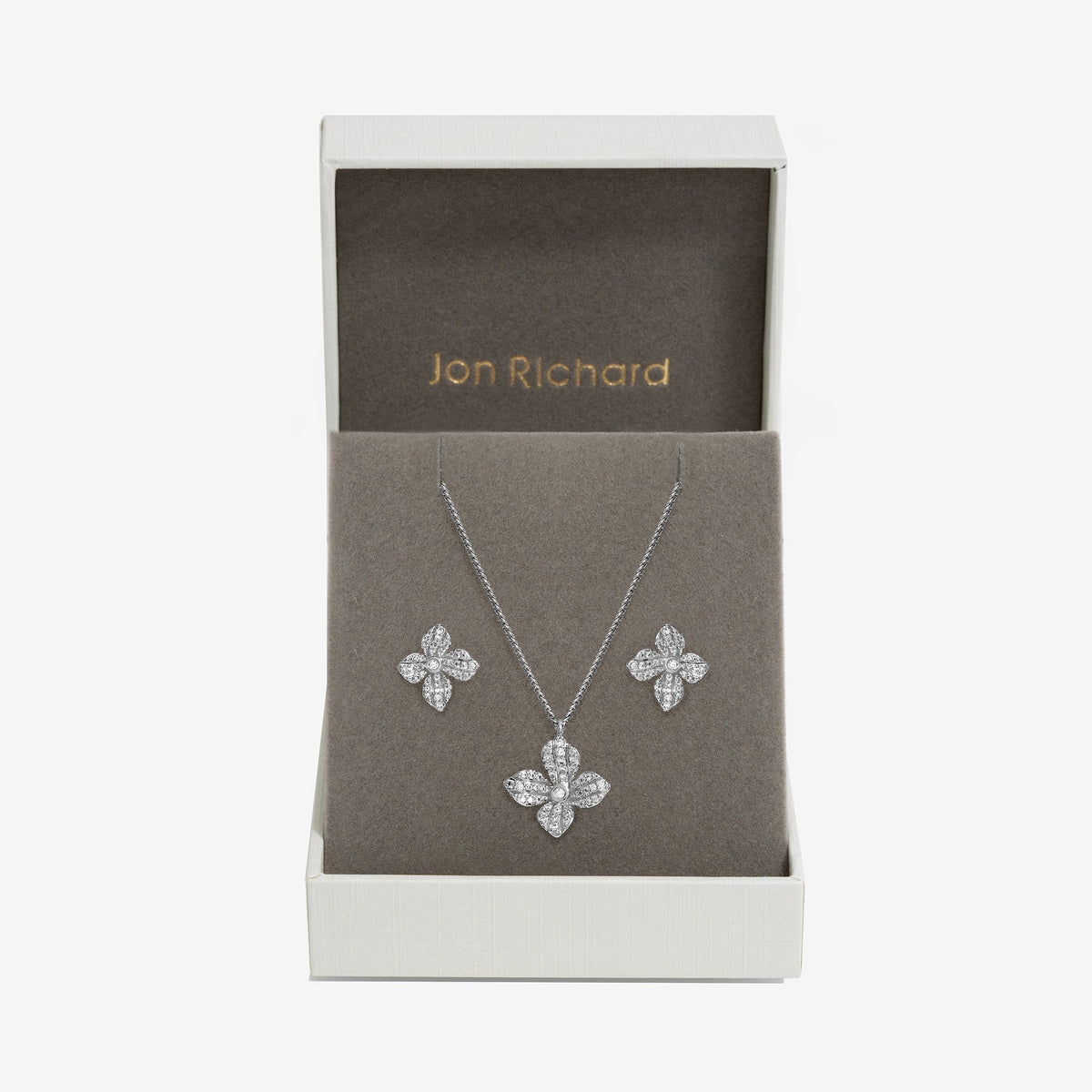 Jon Richard Rhodium Plated Cubic Zirconia Floral Set - Gift Boxed