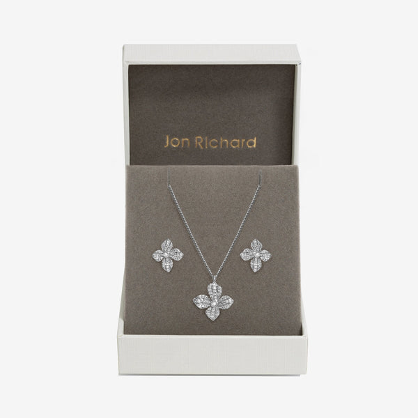 Jon Richard Rhodium Plated Cubic Zirconia Floral Set - Gift Boxed
