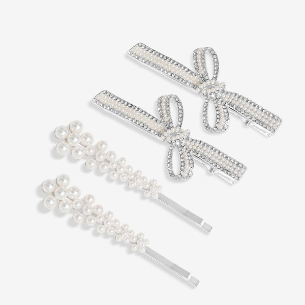 Jon Richard Silver Plated Pearl Bow And Floral Hair Slides - Pack Of 4