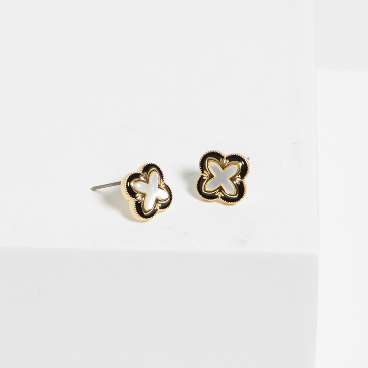 Inicio Gold Plated Jet Enamel And Mother Of Pearl Clover Earrings - Gift Pouch