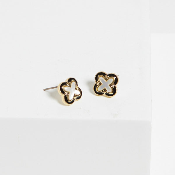 Inicio Gold Plated Jet Enamel And Mother Of Pearl Clover Earrings - Gift Pouch