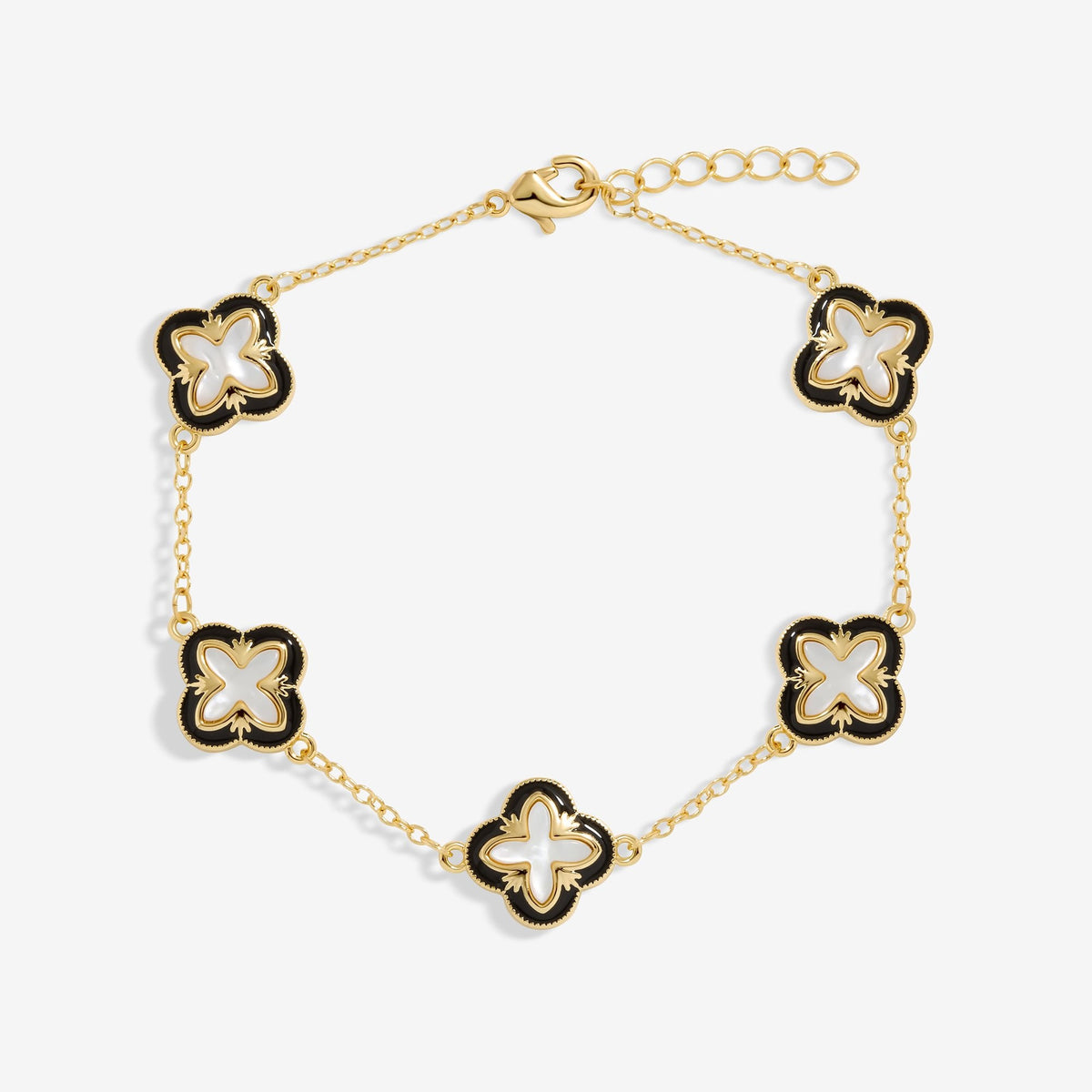 Inicio Gold Plated Jet Enamel And Mother Of Pearl Clover Bracelet - Gift Pouch