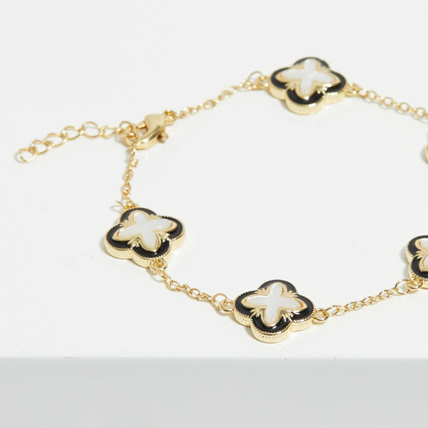 Inicio Gold Plated Jet Enamel And Mother Of Pearl Clover Bracelet - Gift Pouch