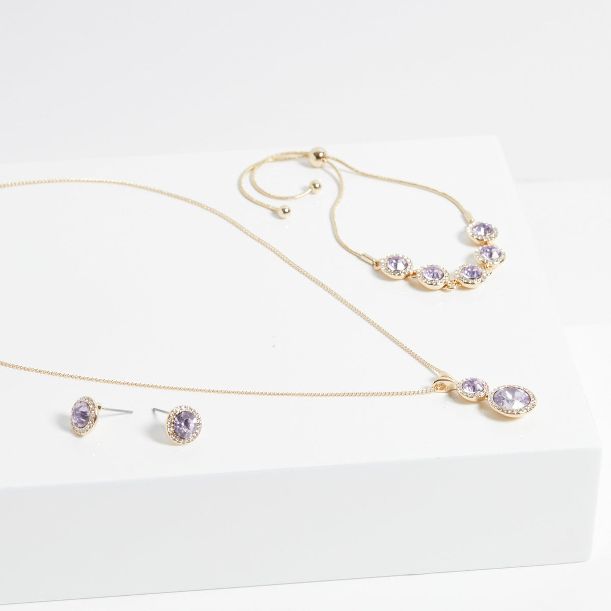 Jon Richard Gold Plated Crystal And Lavender Halo Double Solitaire Trio Set - Gift Boxed