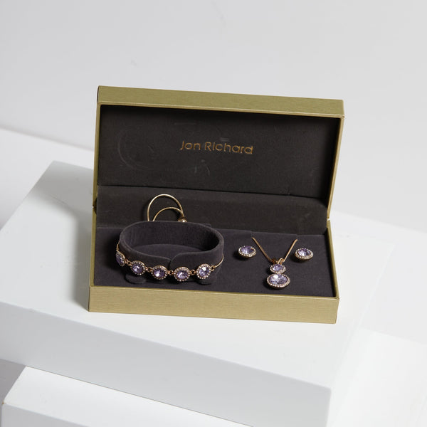 Jon Richard Gold Plated Crystal And Lavender Halo Double Solitaire Trio Set - Gift Boxed