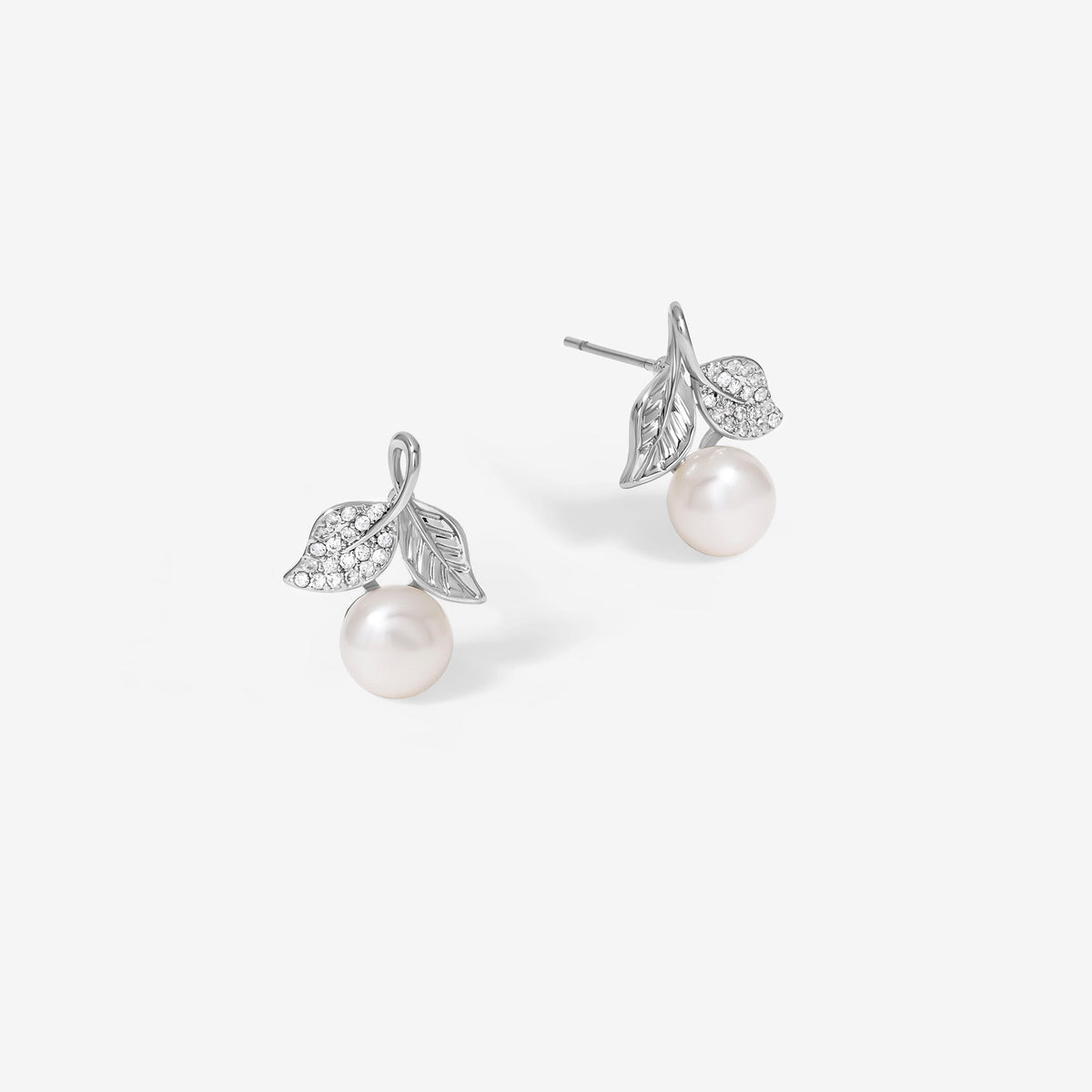 Jon Richard Rhodium Plated Leaf Cubic Zirconia And Pearl Earrings