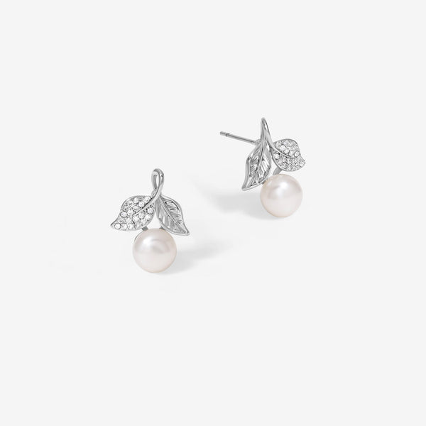 Jon Richard Rhodium Plated Leaf Cubic Zirconia And Pearl Earrings