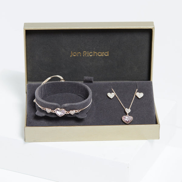 Jon Richard Rose Gold Plated Pave Heart Drop Trio Set - Gift Boxed